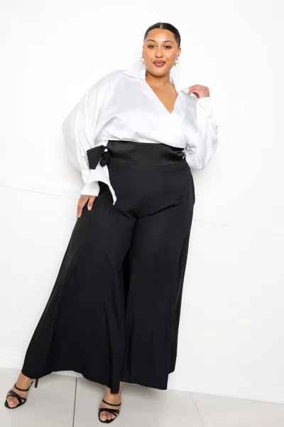 Fashnzfab Satin Long Sleeve Tie Waist Wrap Top In White