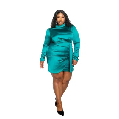 Fashnzfab Satin Mock Neck Rouched Mini Dress In Blue