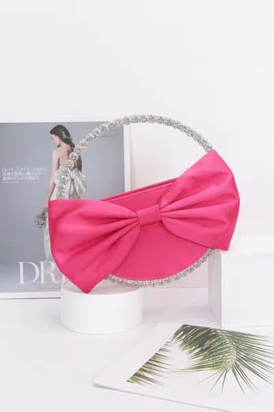 Fashnzfab Satin Ribbon Round Rhinestone Metal Clutch In Pink