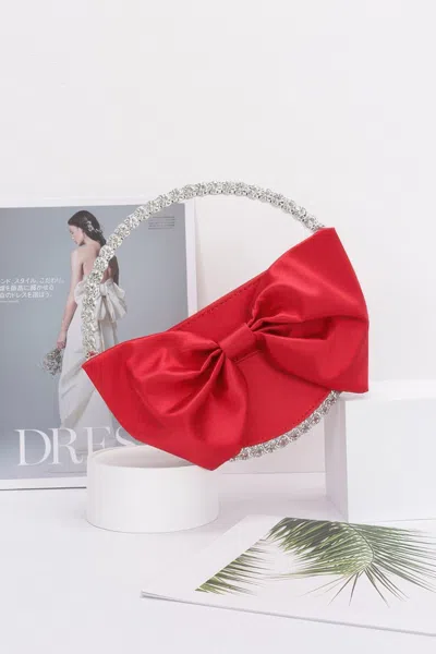 Fashnzfab Satin Ribbon Round Rhinestone Metal Clutch In Red