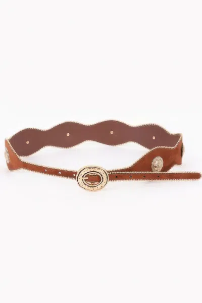 Fashnzfab Scalloped Edge Concho Belt In Brown
