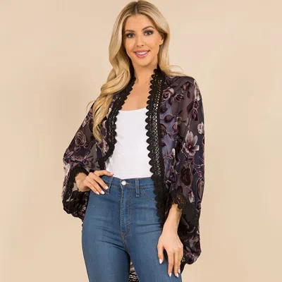 Fashnzfab Scalloped Lace Trim Open Front Burnout Floral Print Kimono Wrap Poncho In Black