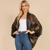 Fashnzfab Scalloped Lace Trim Open Front Burnout Floral Print Kimono Wrap Poncho In Black