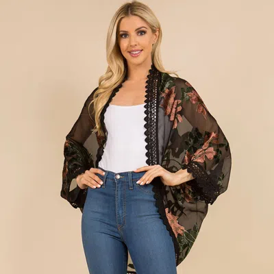 Fashnzfab Scalloped Lace Trim Open Front Burnout Floral Print Kimono Wrap Poncho In Black