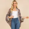 Fashnzfab Scalloped Lace Trim Open Front Burnout Floral Print Kimono Wrap Poncho In Gray