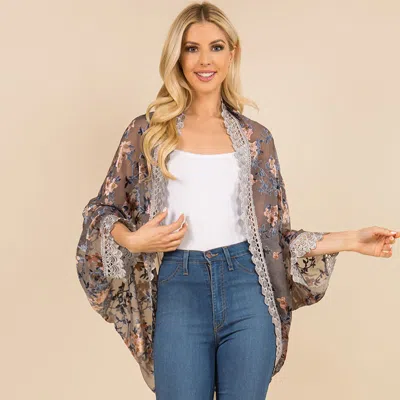 Fashnzfab Scalloped Lace Trim Open Front Burnout Floral Print Kimono Wrap Poncho In Gray
