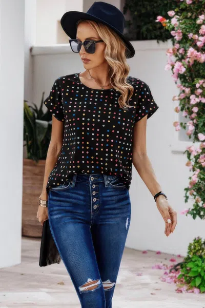 Fashnzfab Scoop Neck Polka Dot Batwing Sleeve Blouse