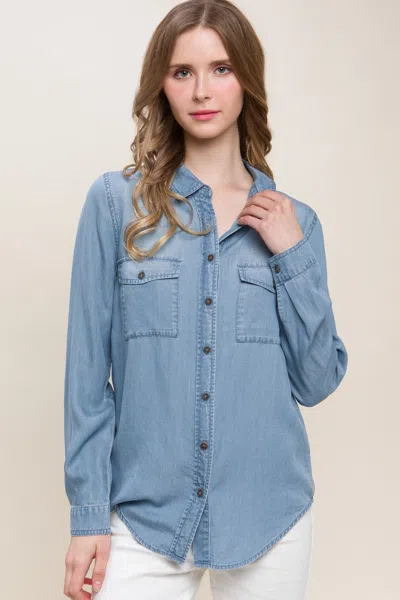 Fashnzfab Scooped Hem Button Up Denim Shirt In Blue