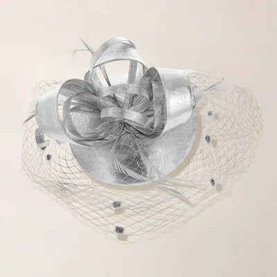 Fashnzfab Sculpted Ribbon Feather Accent Mesh Veil Fascinator Hair Clip Headband In Metallic