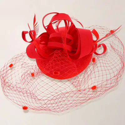 Fashnzfab Sculpted Ribbon Feather Accent Mesh Veil Fascinator Hair Clip Headband In Red