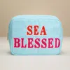 Fashnzfab Sea Blessed Message Patch Embroidered Pouch Bag / Organizer In Blue