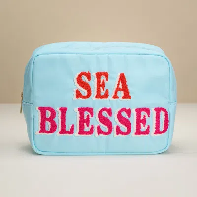 Fashnzfab Sea Blessed Message Patch Embroidered Pouch Bag / Organizer In Blue