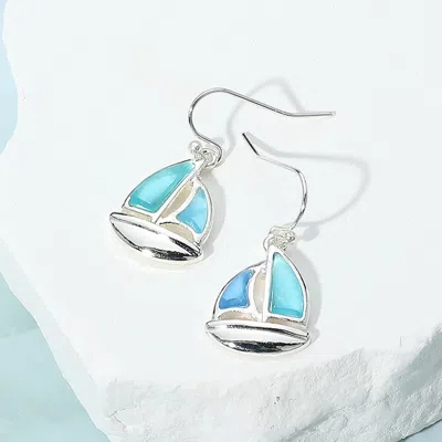 Fashnzfab Sea Glass Boat Dangle Earrings - Blue, Silver In Metallic