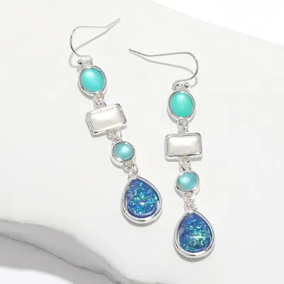 Fashnzfab Sea Glass Cluster Link Dropdown Earrings - Blue, Opal, Silver In Multi
