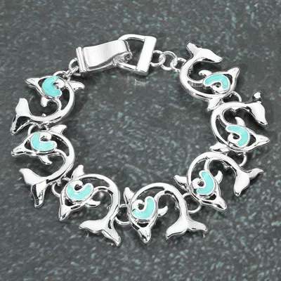 Fashnzfab Sea Glass Dolphin Link Magnetic Bracelet Blue, Silver In Multi
