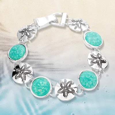 Fashnzfab Sea Glass Embossed Metal Sand Dollar Magnetic Link Bracelet - Antique Silver, Turquoise In Multi