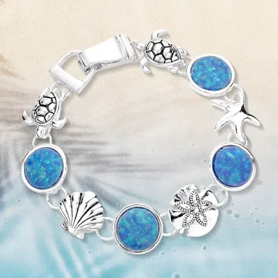 Fashnzfab Sea Glass Embossed Metal Sea Life Magnetic Link Bracelet Antique Silver, Blue In Multi