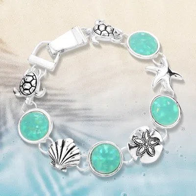 Fashnzfab Sea Glass Embossed Metal Sea Life Magnetic Link Bracelet Antique Silver, Turquoise In Multi