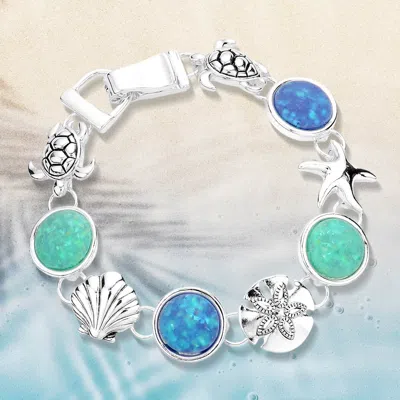 Fashnzfab Sea Glass Embossed Metal Sea Life Magnetic Link Bracelet Multi