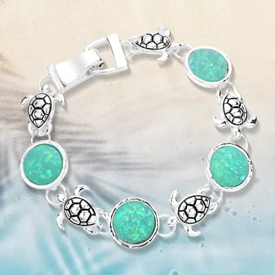 Fashnzfab Sea Glass Embossed Turtle Metal Magnetic Link Bracelet Antique Silver, Turquoise In Blue