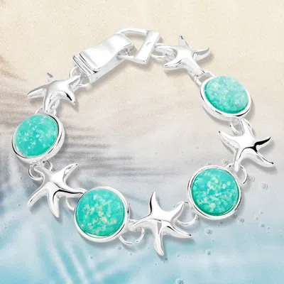 Fashnzfab Sea Glass Starfish Metal Magnetic Link Bracelet Silver, Turquoise In Multi