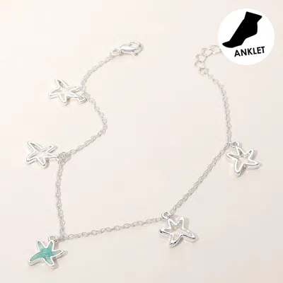 Fashnzfab Sea Glass Starfish Open Metal Starfish Charm Station Anklet - Silver, Turquoise In Multi