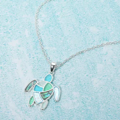 Fashnzfab Sea Glass Turtle Pendant Necklace In Silver