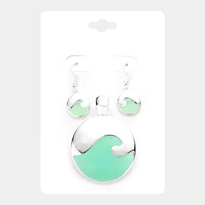 Fashnzfab Sea Glass Wave Round Pendant Set - Silver, Turquoise In White