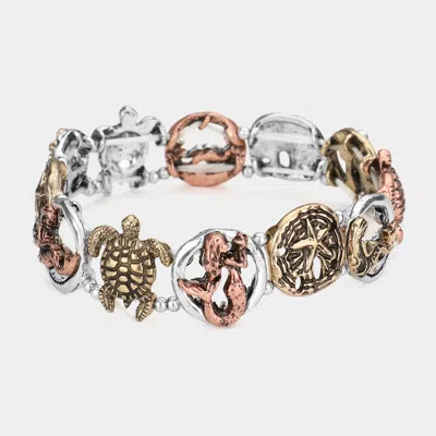 Fashnzfab Sea Life Antique Metal Pendant Link Stretch Bracelet Three Tone In Multi