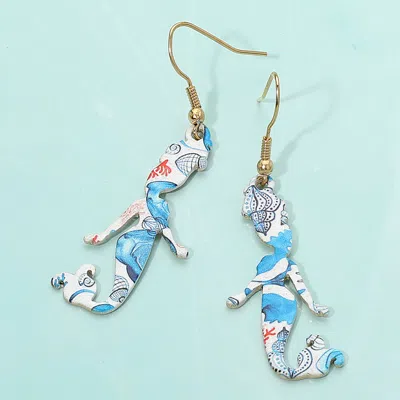 Fashnzfab Sea Life Pattern Printed Metal Mermaid Dangle Earrings In Gold