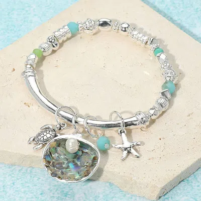 Fashnzfab Sea Life Shell Charm Multi Bead Stretch Bracelet Abalone, Antique Silver