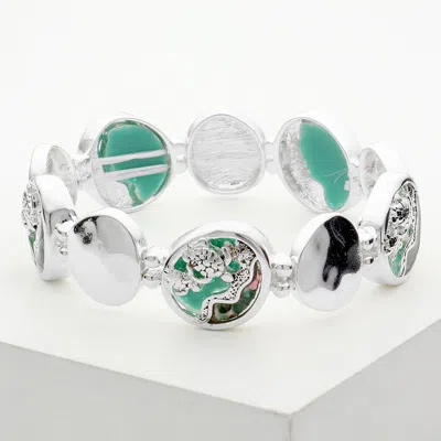 Fashnzfab Sea Turtle Embossed Metal Disc Link Stretch Bracelet Antique Silver, Mint In Green