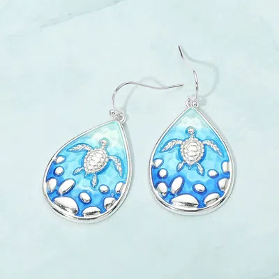 Fashnzfab Sea Turtle Embossed Teardrop Charm Dangle Earrings In Blue