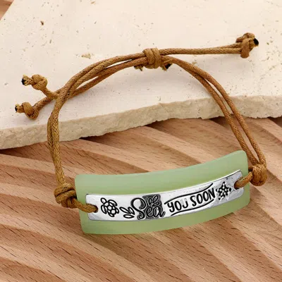 Fashnzfab Sea You Soon Sea Glass Message Adjustable Pull Tie Cinch Bracelet Brown