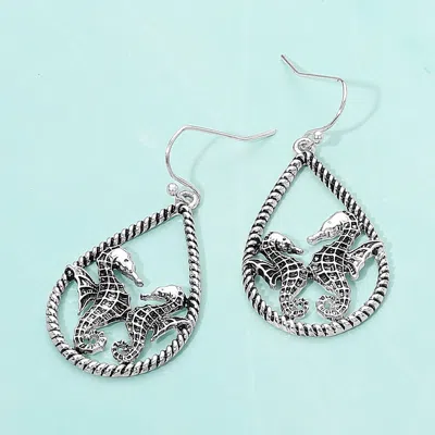 Fashnzfab Seahorse Accented Open Teardrop Dangle Earrings - Antique Silver