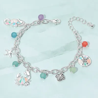 Fashnzfab Seahorse Starfish Crab Sea Shell Sand Dollar Beads Charm Bracelet Antique Silver, Multi