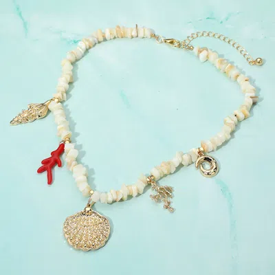 Fashnzfab Seashell Coral Charm Natural Stone Beaded Statement Necklace In Gold