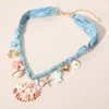 Fashnzfab Seashell Starfish Anchor Heart Charm Station Fabric Statement Necklace In Blue