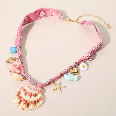 Fashnzfab Seashell Starfish Anchor Heart Charm Station Fabric Statement Necklace In Pink