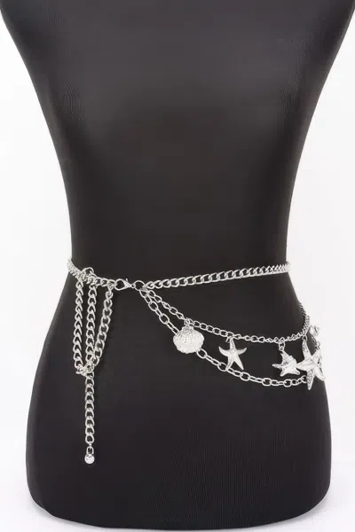 Fashnzfab Seashell Starfish Layered Chain Belt In Silver