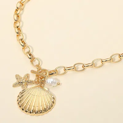 Fashnzfab Seashell Starfish Pearl Charm Toggle Chunky Chain Necklace In Gold