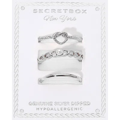 Fashnzfab Secet Box_3pcs Genuine Silver Dipped Heart Pearl Accent Stackable Fashion Ring Set - Silver