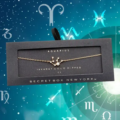 Fashnzfab Secret Box _ 14k Gold Cz Aquarius Zodiac Sign Charm Bracelet Clear, Gold In Multi