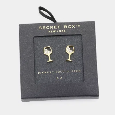 Fashnzfab Secret Box _ 14k Gold Dipped Cz Cocktail Stud Earrings In Black