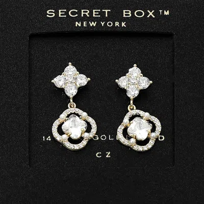 Fashnzfab Secret Box_14k Gold Dipped Cz Quatrefoil Halo Drop Dangle Earrings 0.8" X 0.4" In Silver