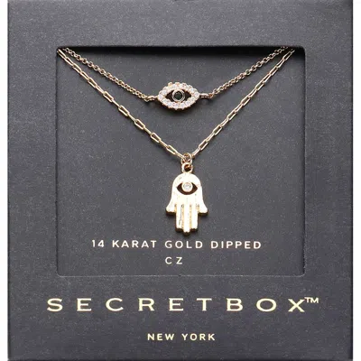 Fashnzfab Secret Box_14k Gold Dipped Cz Stone Paved Hamsa Hand Evil Eye Pointed Pendant Layered Necklace - Gol