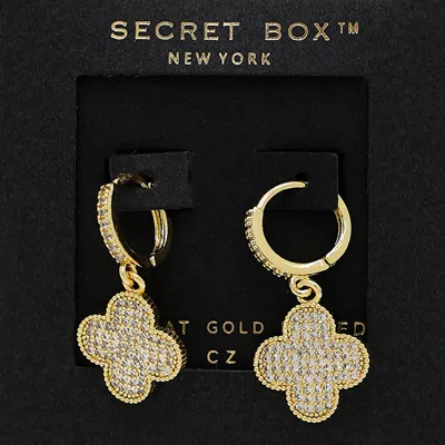 Fashnzfab Secret Box_14k Gold Dipped Cz Stone Paved Quatrefoil Dangle Huggie Hoop Earrings In Silver