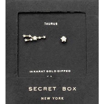 Fashnzfab Secret Box_14k Gold Dipped Cz Stone Paved Taurus Zodiac Sign Stud Earrings In Metallic