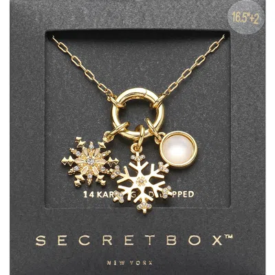 Fashnzfab Secret Box_14k Gold Dipped Interchangeable Stone Paved Double Snowflake Pearl Pendant Necklace In Silver