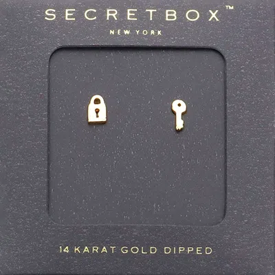 Fashnzfab Secret Box_14k Gold Dipped Key & Lock Stud Earrings In Metallic